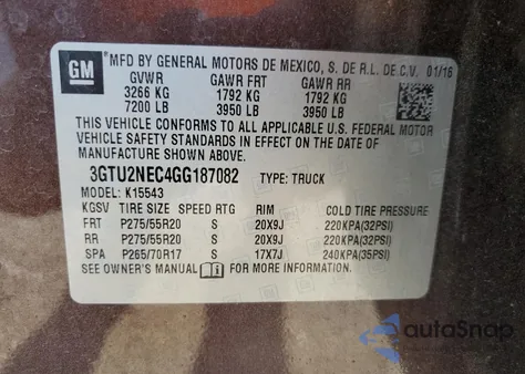 2016 GMC Sierra K1500 Slt из США, поврежденный, VIN 3GTU2NEC4GG187082